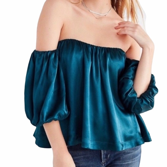 Urban Outfitters Tops - UO Satin Off Shoulder Puff Sleeve top turquoise L